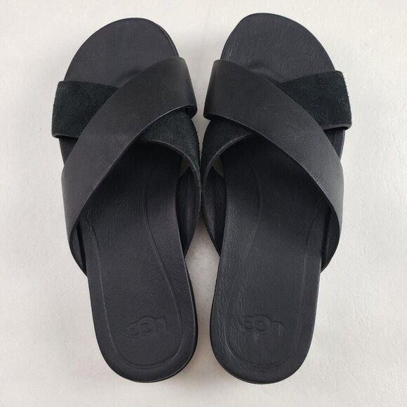 Ugg Kari Leather Slide Sandal Womens 7.5 Black Slip On Open Toe Crisscross Strap - Picture 5 of 10